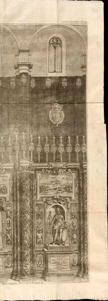 An illustration from Fvnerale fatto nel Dvomo di Torino alla gloriosa memoria dell'invittissimo, e potentissimo prencipe Vittorio Amedeo : duca di Sauoia, prencipe di Piemonte, rè di Cipri, &c. : dalle Altezze Reali di madama Christiana di Francia sva moglie, e del serenissimo dvca Francesco Giacinto sva primogenito, alli 18. di decembre M.DC.XXXVII, 1638, leaf 81