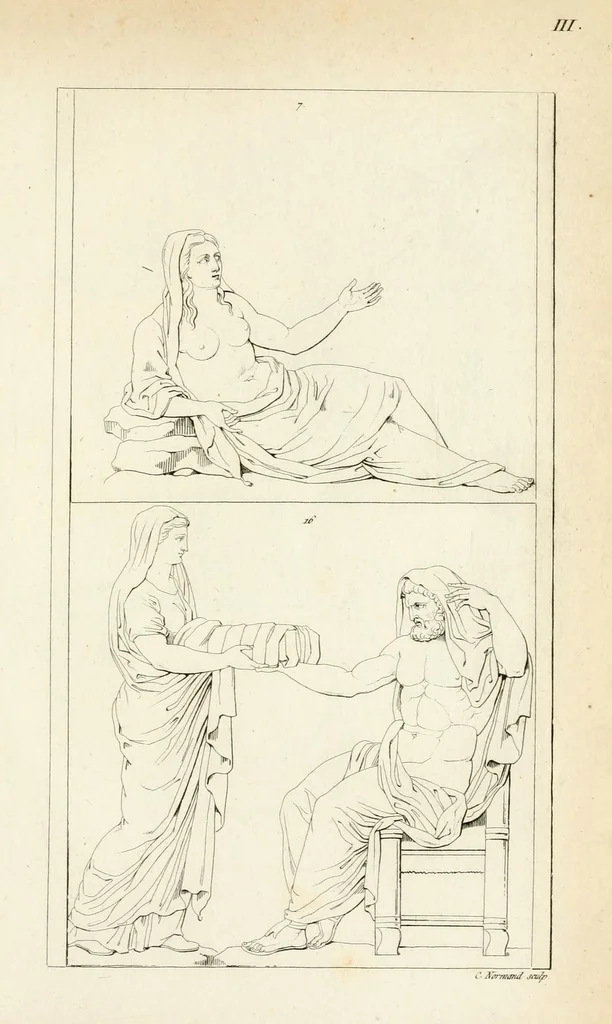 An illustration from Galerie mythologique : recueil de monuments pour servir à l'étude de la mythologie, de l'histoire de l'art, de l'antiquité figurée, et du langage allégorique des anciens : avec 190 planches gravées au trait, contenant près de 800 monuments antiques, tels que statues, bas-reliefs, pierres gravées, médailles, freques et peintures de vases, dont plus de 50 sont inédits, 1811, leaf 233