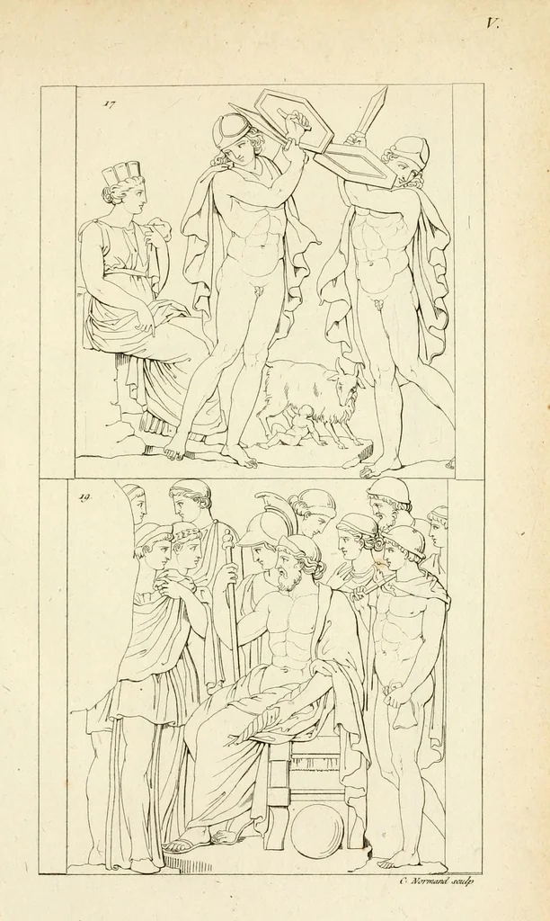 An illustration from Galerie mythologique : recueil de monuments pour servir à l'étude de la mythologie, de l'histoire de l'art, de l'antiquité figurée, et du langage allégorique des anciens : avec 190 planches gravées au trait, contenant près de 800 monuments antiques, tels que statues, bas-reliefs, pierres gravées, médailles, freques et peintures de vases, dont plus de 50 sont inédits, 1811, leaf 237