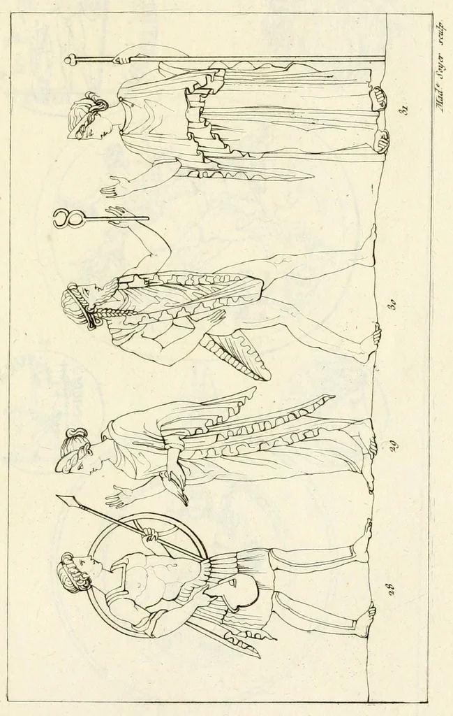 An illustration from Galerie mythologique : recueil de monuments pour servir à l'étude de la mythologie, de l'histoire de l'art, de l'antiquité figurée, et du langage allégorique des anciens : avec 190 planches gravées au trait, contenant près de 800 monuments antiques, tels que statues, bas-reliefs, pierres gravées, médailles, freques et peintures de vases, dont plus de 50 sont inédits, 1811, leaf 243