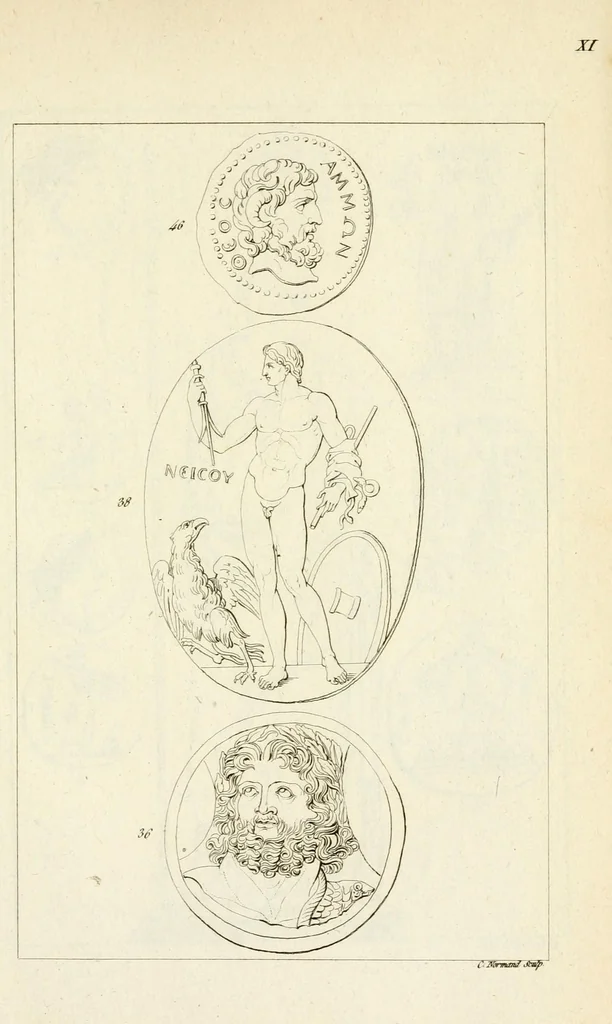 An illustration from Galerie mythologique : recueil de monuments pour servir à l'étude de la mythologie, de l'histoire de l'art, de l'antiquité figurée, et du langage allégorique des anciens : avec 190 planches gravées au trait, contenant près de 800 monuments antiques, tels que statues, bas-reliefs, pierres gravées, médailles, freques et peintures de vases, dont plus de 50 sont inédits, 1811, leaf 249