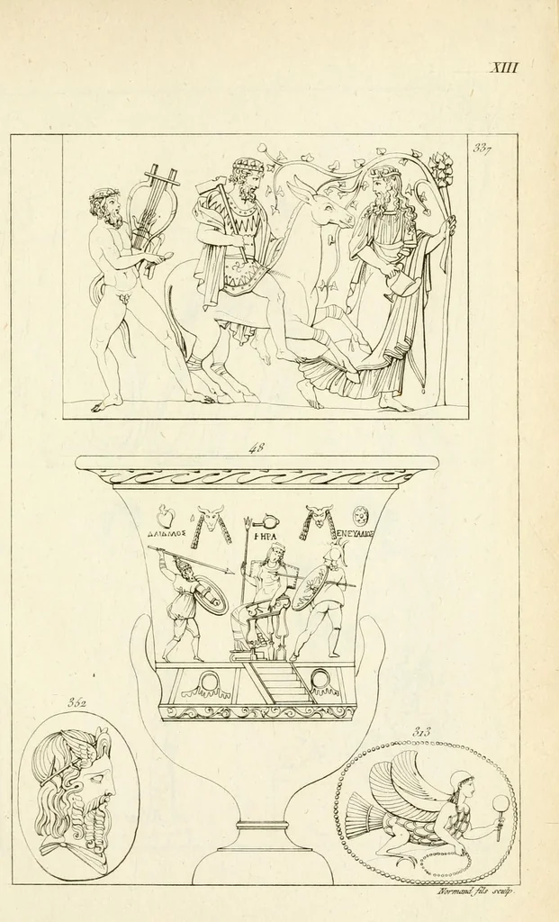 An illustration from Galerie mythologique : recueil de monuments pour servir à l'étude de la mythologie, de l'histoire de l'art, de l'antiquité figurée, et du langage allégorique des anciens : avec 190 planches gravées au trait, contenant près de 800 monuments antiques, tels que statues, bas-reliefs, pierres gravées, médailles, freques et peintures de vases, dont plus de 50 sont inédits, 1811, leaf 253