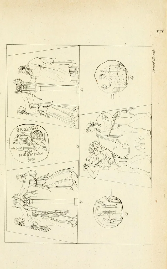 An illustration from Galerie mythologique : recueil de monuments pour servir à l'étude de la mythologie, de l'histoire de l'art, de l'antiquité figurée, et du langage allégorique des anciens : avec 190 planches gravées au trait, contenant près de 800 monuments antiques, tels que statues, bas-reliefs, pierres gravées, médailles, freques et peintures de vases, dont plus de 50 sont inédits, 1811, leaf 259