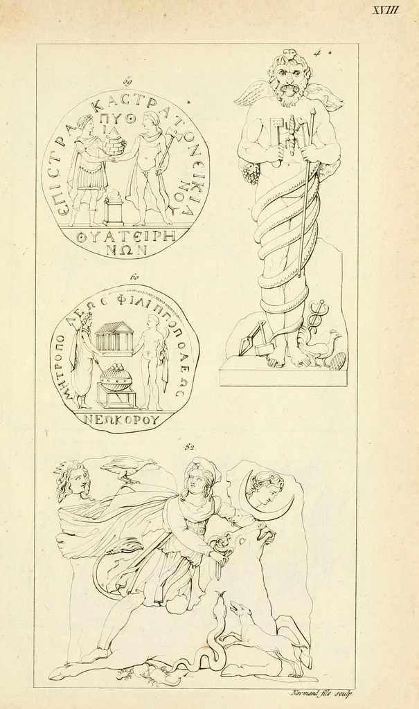 An illustration from Galerie mythologique : recueil de monuments pour servir à l'étude de la mythologie, de l'histoire de l'art, de l'antiquité figurée, et du langage allégorique des anciens : avec 190 planches gravées au trait, contenant près de 800 monuments antiques, tels que statues, bas-reliefs, pierres gravées, médailles, freques et peintures de vases, dont plus de 50 sont inédits, 1811, leaf 263