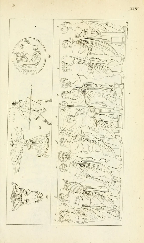 An illustration from Galerie mythologique : recueil de monuments pour servir à l'étude de la mythologie, de l'histoire de l'art, de l'antiquité figurée, et du langage allégorique des anciens : avec 190 planches gravées au trait, contenant près de 800 monuments antiques, tels que statues, bas-reliefs, pierres gravées, médailles, freques et peintures de vases, dont plus de 50 sont inédits, 1811, leaf 275