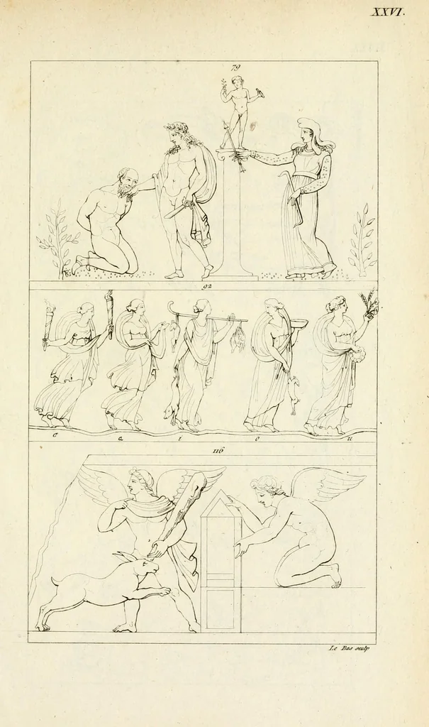 An illustration from Galerie mythologique : recueil de monuments pour servir à l'étude de la mythologie, de l'histoire de l'art, de l'antiquité figurée, et du langage allégorique des anciens : avec 190 planches gravées au trait, contenant près de 800 monuments antiques, tels que statues, bas-reliefs, pierres gravées, médailles, freques et peintures de vases, dont plus de 50 sont inédits, 1811, leaf 279