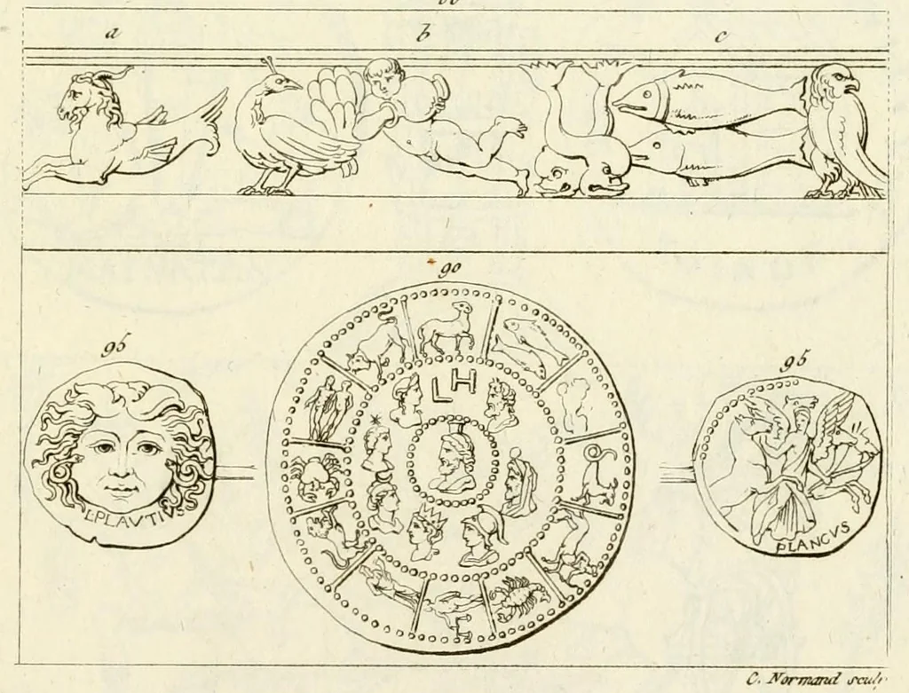 An illustration from Galerie mythologique : recueil de monuments pour servir à l'étude de la mythologie, de l'histoire de l'art, de l'antiquité figurée, et du langage allégorique des anciens : avec 190 planches gravées au trait, contenant près de 800 monuments antiques, tels que statues, bas-reliefs, pierres gravées, médailles, freques et peintures de vases, dont plus de 50 sont inédits, 1811, leaf 285