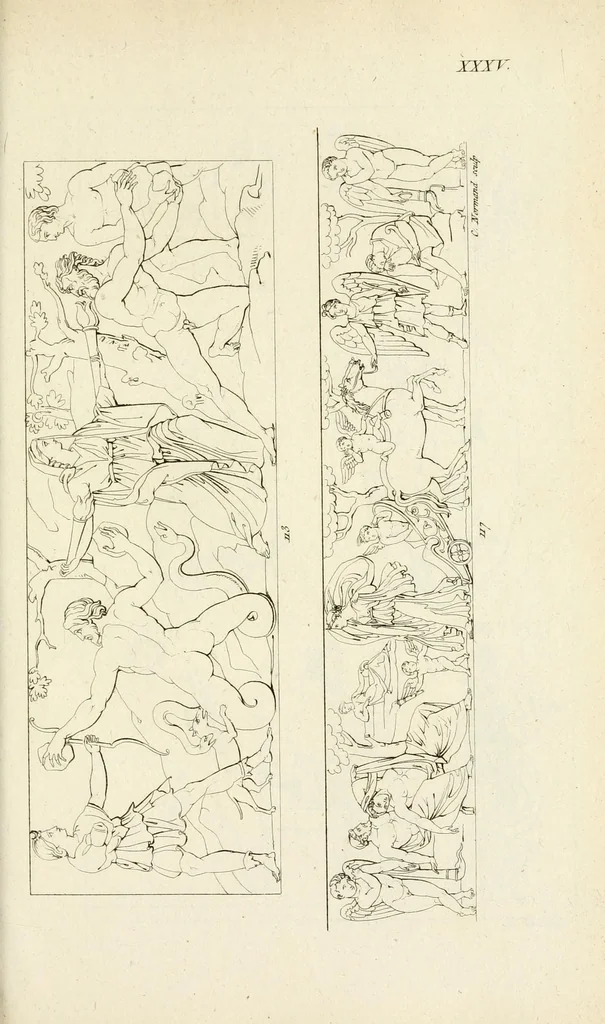 An illustration from Galerie mythologique : recueil de monuments pour servir à l'étude de la mythologie, de l'histoire de l'art, de l'antiquité figurée, et du langage allégorique des anciens : avec 190 planches gravées au trait, contenant près de 800 monuments antiques, tels que statues, bas-reliefs, pierres gravées, médailles, freques et peintures de vases, dont plus de 50 sont inédits, 1811, leaf 297