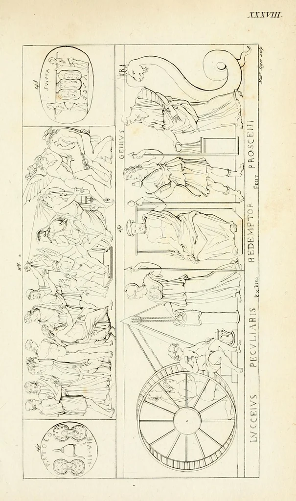 An illustration from Galerie mythologique : recueil de monuments pour servir à l'étude de la mythologie, de l'histoire de l'art, de l'antiquité figurée, et du langage allégorique des anciens : avec 190 planches gravées au trait, contenant près de 800 monuments antiques, tels que statues, bas-reliefs, pierres gravées, médailles, freques et peintures de vases, dont plus de 50 sont inédits, 1811, leaf 303