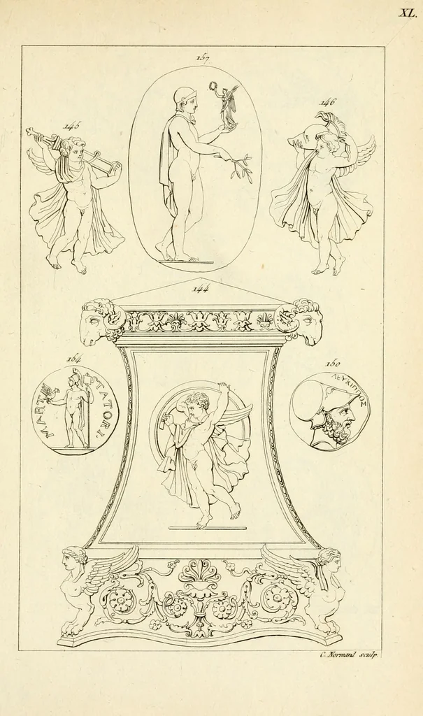 An illustration from Galerie mythologique : recueil de monuments pour servir à l'étude de la mythologie, de l'histoire de l'art, de l'antiquité figurée, et du langage allégorique des anciens : avec 190 planches gravées au trait, contenant près de 800 monuments antiques, tels que statues, bas-reliefs, pierres gravées, médailles, freques et peintures de vases, dont plus de 50 sont inédits, 1811, leaf 307