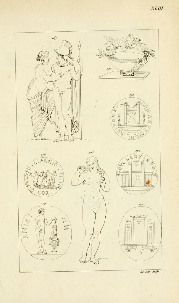 An illustration from Galerie mythologique : recueil de monuments pour servir à l'étude de la mythologie, de l'histoire de l'art, de l'antiquité figurée, et du langage allégorique des anciens : avec 190 planches gravées au trait, contenant près de 800 monuments antiques, tels que statues, bas-reliefs, pierres gravées, médailles, freques et peintures de vases, dont plus de 50 sont inédits, 1811, leaf 313