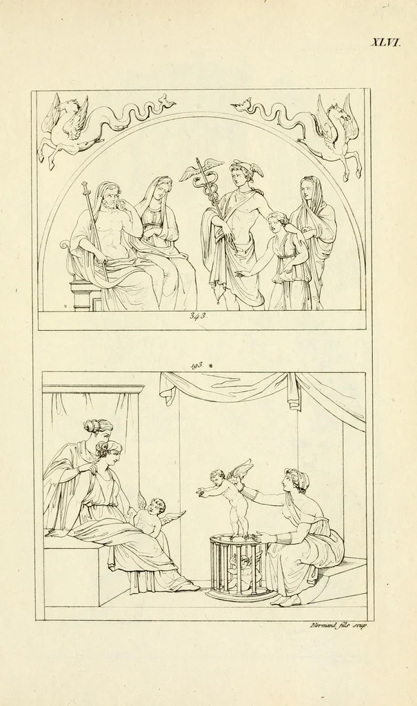 An illustration from Galerie mythologique : recueil de monuments pour servir à l'étude de la mythologie, de l'histoire de l'art, de l'antiquité figurée, et du langage allégorique des anciens : avec 190 planches gravées au trait, contenant près de 800 monuments antiques, tels que statues, bas-reliefs, pierres gravées, médailles, freques et peintures de vases, dont plus de 50 sont inédits, 1811, leaf 319