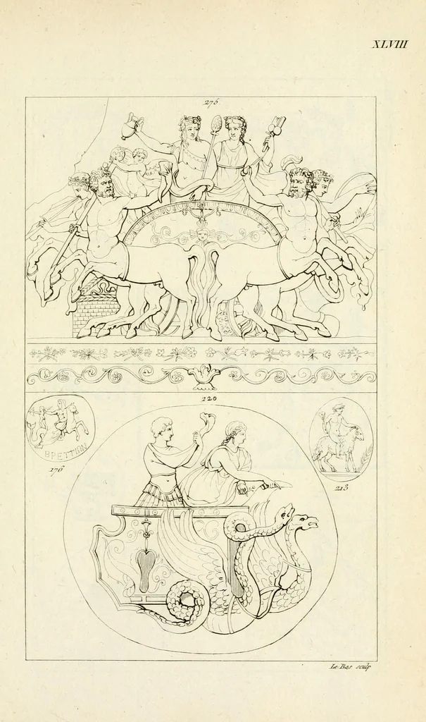 An illustration from Galerie mythologique : recueil de monuments pour servir à l'étude de la mythologie, de l'histoire de l'art, de l'antiquité figurée, et du langage allégorique des anciens : avec 190 planches gravées au trait, contenant près de 800 monuments antiques, tels que statues, bas-reliefs, pierres gravées, médailles, freques et peintures de vases, dont plus de 50 sont inédits, 1811, leaf 323