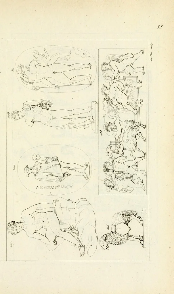 An illustration from Galerie mythologique : recueil de monuments pour servir à l'étude de la mythologie, de l'histoire de l'art, de l'antiquité figurée, et du langage allégorique des anciens : avec 190 planches gravées au trait, contenant près de 800 monuments antiques, tels que statues, bas-reliefs, pierres gravées, médailles, freques et peintures de vases, dont plus de 50 sont inédits, 1811, leaf 329