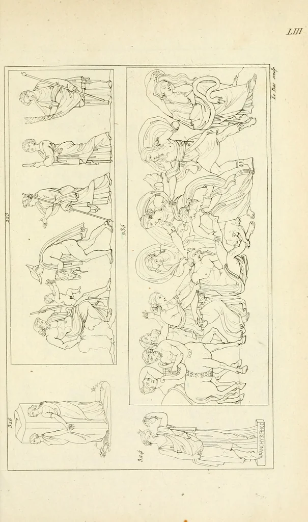An illustration from Galerie mythologique : recueil de monuments pour servir à l'étude de la mythologie, de l'histoire de l'art, de l'antiquité figurée, et du langage allégorique des anciens : avec 190 planches gravées au trait, contenant près de 800 monuments antiques, tels que statues, bas-reliefs, pierres gravées, médailles, freques et peintures de vases, dont plus de 50 sont inédits, 1811, leaf 333