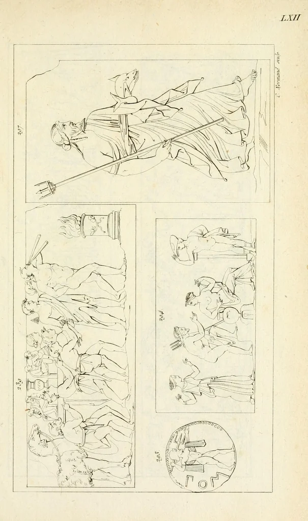 An illustration from Galerie mythologique : recueil de monuments pour servir à l'étude de la mythologie, de l'histoire de l'art, de l'antiquité figurée, et du langage allégorique des anciens : avec 190 planches gravées au trait, contenant près de 800 monuments antiques, tels que statues, bas-reliefs, pierres gravées, médailles, freques et peintures de vases, dont plus de 50 sont inédits, 1811, leaf 351