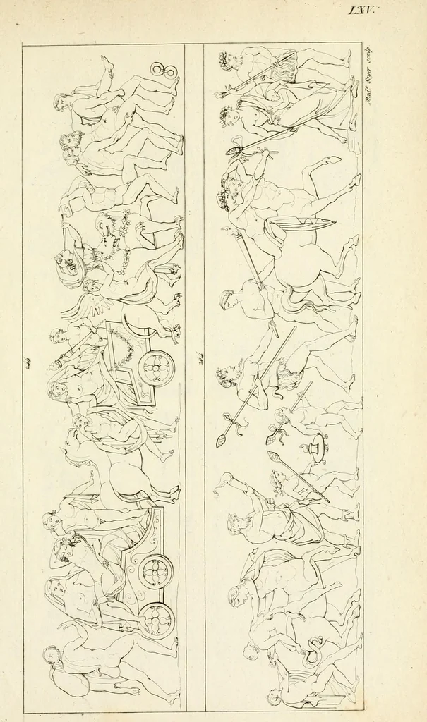 An illustration from Galerie mythologique : recueil de monuments pour servir à l'étude de la mythologie, de l'histoire de l'art, de l'antiquité figurée, et du langage allégorique des anciens : avec 190 planches gravées au trait, contenant près de 800 monuments antiques, tels que statues, bas-reliefs, pierres gravées, médailles, freques et peintures de vases, dont plus de 50 sont inédits, 1811, leaf 357
