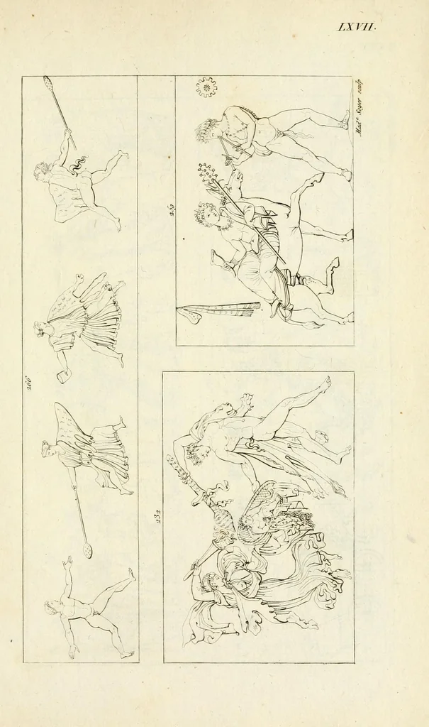 An illustration from Galerie mythologique : recueil de monuments pour servir à l'étude de la mythologie, de l'histoire de l'art, de l'antiquité figurée, et du langage allégorique des anciens : avec 190 planches gravées au trait, contenant près de 800 monuments antiques, tels que statues, bas-reliefs, pierres gravées, médailles, freques et peintures de vases, dont plus de 50 sont inédits, 1811, leaf 361