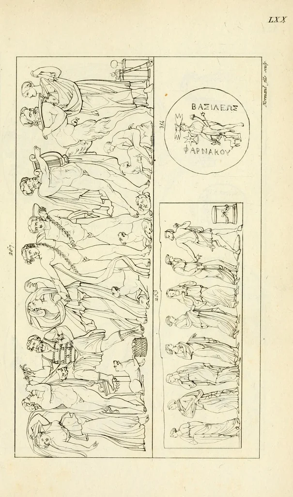 An illustration from Galerie mythologique : recueil de monuments pour servir à l'étude de la mythologie, de l'histoire de l'art, de l'antiquité figurée, et du langage allégorique des anciens : avec 190 planches gravées au trait, contenant près de 800 monuments antiques, tels que statues, bas-reliefs, pierres gravées, médailles, freques et peintures de vases, dont plus de 50 sont inédits, 1811, leaf 367