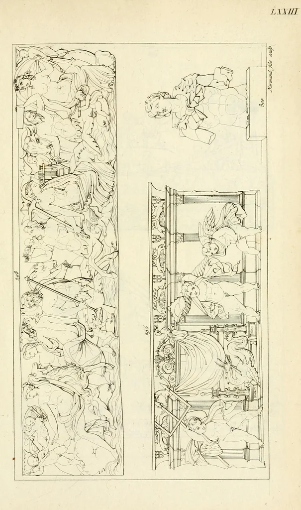 An illustration from Galerie mythologique : recueil de monuments pour servir à l'étude de la mythologie, de l'histoire de l'art, de l'antiquité figurée, et du langage allégorique des anciens : avec 190 planches gravées au trait, contenant près de 800 monuments antiques, tels que statues, bas-reliefs, pierres gravées, médailles, freques et peintures de vases, dont plus de 50 sont inédits, 1811, leaf 373
