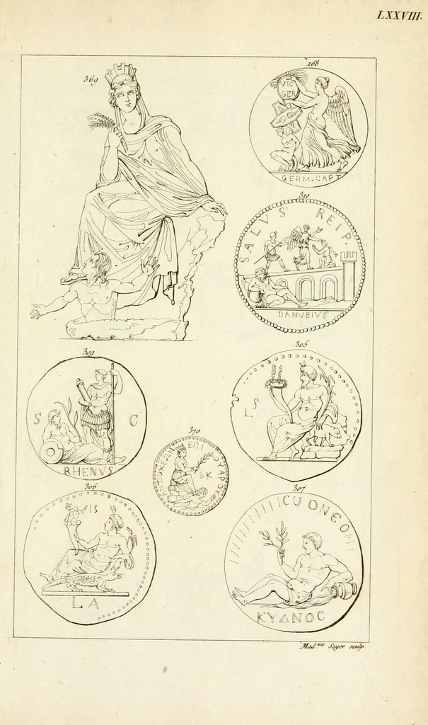 An illustration from Galerie mythologique : recueil de monuments pour servir à l'étude de la mythologie, de l'histoire de l'art, de l'antiquité figurée, et du langage allégorique des anciens : avec 190 planches gravées au trait, contenant près de 800 monuments antiques, tels que statues, bas-reliefs, pierres gravées, médailles, freques et peintures de vases, dont plus de 50 sont inédits, 1811, leaf 383