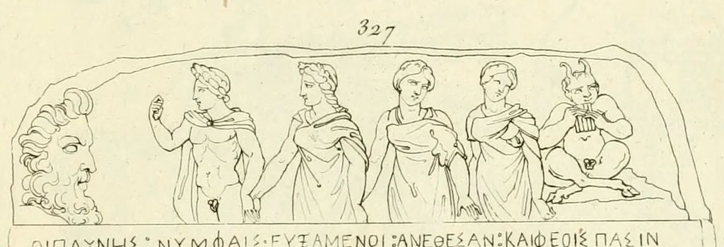 An illustration from Galerie mythologique : recueil de monuments pour servir à l'étude de la mythologie, de l'histoire de l'art, de l'antiquité figurée, et du langage allégorique des anciens : avec 190 planches gravées au trait, contenant près de 800 monuments antiques, tels que statues, bas-reliefs, pierres gravées, médailles, freques et peintures de vases, dont plus de 50 sont inédits, 1811, leaf 389