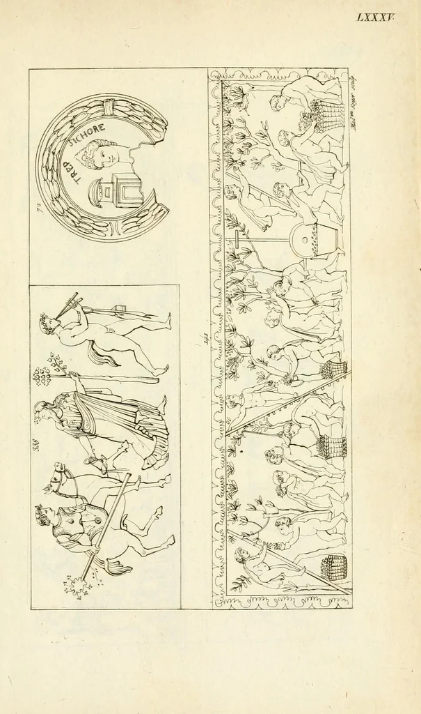 An illustration from Galerie mythologique : recueil de monuments pour servir à l'étude de la mythologie, de l'histoire de l'art, de l'antiquité figurée, et du langage allégorique des anciens : avec 190 planches gravées au trait, contenant près de 800 monuments antiques, tels que statues, bas-reliefs, pierres gravées, médailles, freques et peintures de vases, dont plus de 50 sont inédits, 1811, leaf 397