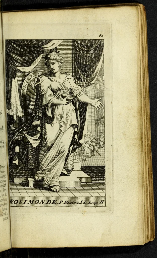 An illustration from Gallerye der uitmuntende vrouwen : of der zelver deugden en ondeugden, in byschriften en sneldichten, vertoond, met verklaaringen konstplaaten verrijkt, 1690, leaf 109
