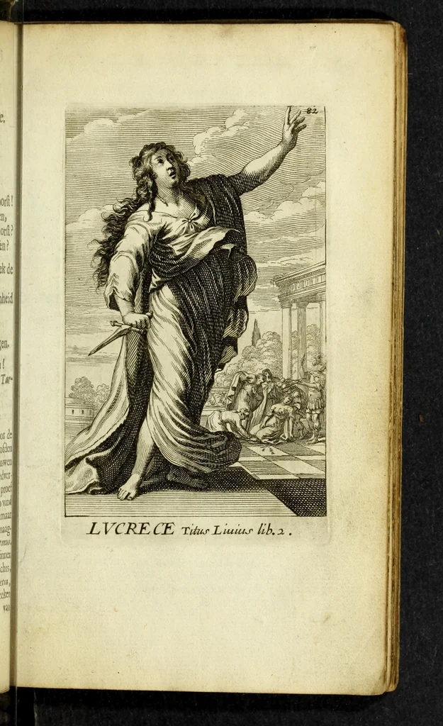 An illustration from Gallerye der uitmuntende vrouwen : of der zelver deugden en ondeugden, in byschriften en sneldichten, vertoond, met verklaaringen konstplaaten verrijkt, 1690, leaf 135