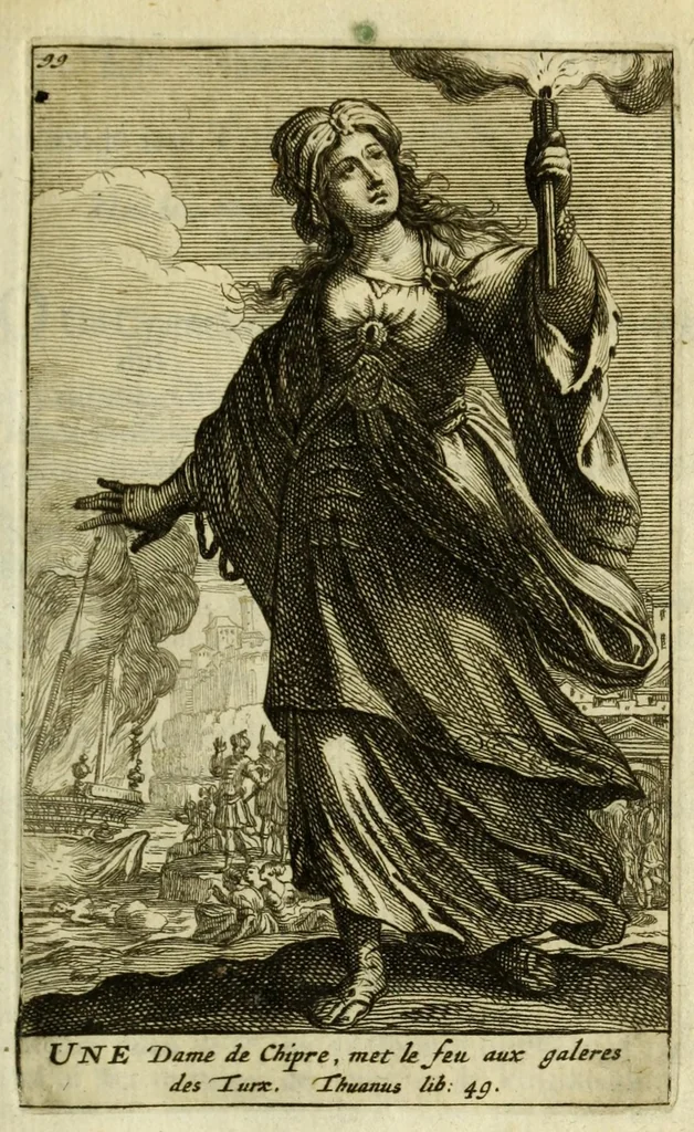 An illustration from Gallerye der uitmuntende vrouwen : of der zelver deugden en ondeugden, in byschriften en sneldichten, vertoond, met verklaaringen konstplaaten verrijkt, 1690, leaf 159