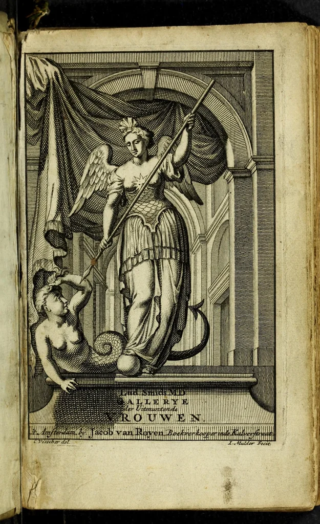An illustration from Gallerye der uitmuntende vrouwen : of der zelver deugden en ondeugden, in byschriften en sneldichten, vertoond, met verklaaringen konstplaaten verrijkt, 1690, leaf 5