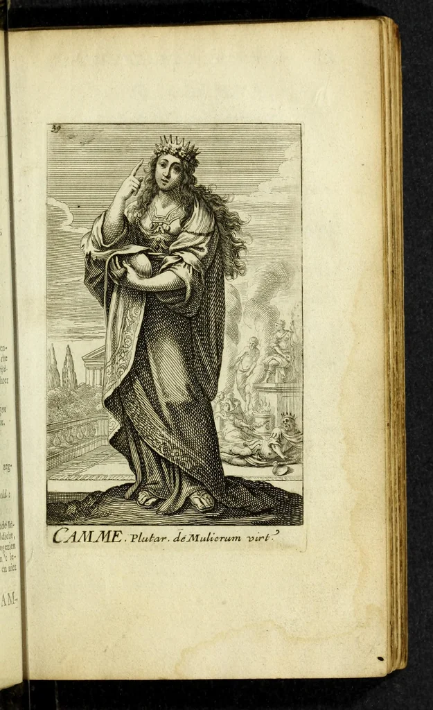 An illustration from Gallerye der uitmuntende vrouwen : of der zelver deugden en ondeugden, in byschriften en sneldichten, vertoond, met verklaaringen konstplaaten verrijkt, 1690, leaf 73