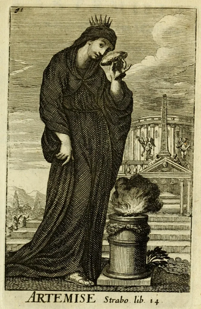 An illustration from Gallerye der uitmuntende vrouwen : of der zelver deugden en ondeugden, in byschriften en sneldichten, vertoond, met verklaaringen konstplaaten verrijkt, 1690, leaf 77