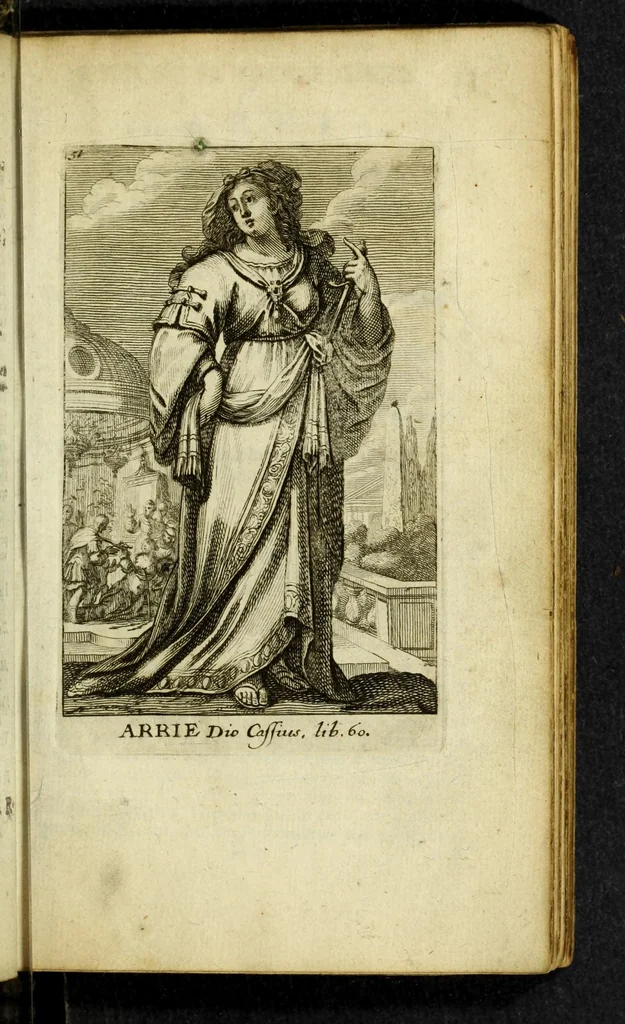 An illustration from Gallerye der uitmuntende vrouwen : of der zelver deugden en ondeugden, in byschriften en sneldichten, vertoond, met verklaaringen konstplaaten verrijkt, 1690, leaf 91
