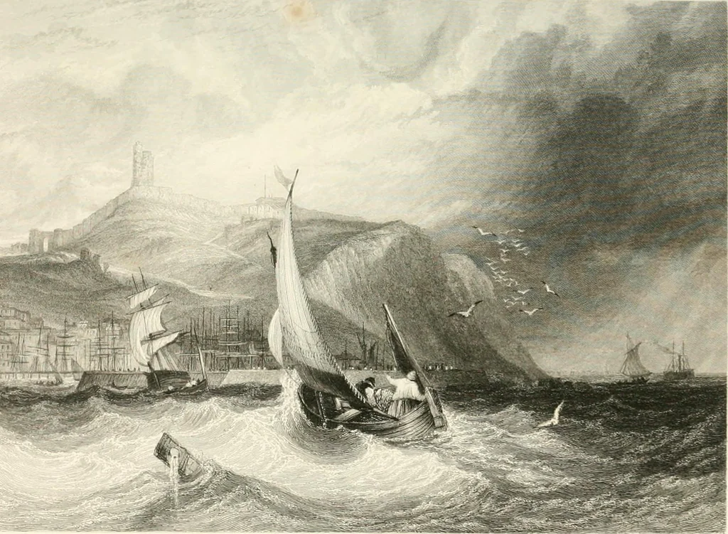 An illustration from The gallery of modern British artists; consisting of a series of engravings from works of the most eminent artists of the day, including Messrs. Turner, Roberts, Harding, Clennel, Dewint, Austin, Messrs. Stanfield, Bonnington, Prout, Cattermole, C. Fielding, Cox, &c. &c, 1834, leaf 127