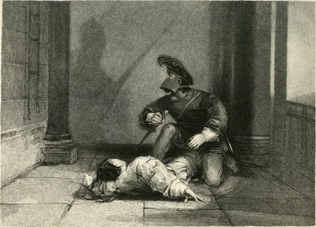 An illustration from The gallery of modern British artists; consisting of a series of engravings from works of the most eminent artists of the day, including Messrs. Turner, Roberts, Harding, Clennel, Dewint, Austin, Messrs. Stanfield, Bonnington, Prout, Cattermole, C. Fielding, Cox, &c. &c, 1834, leaf 183