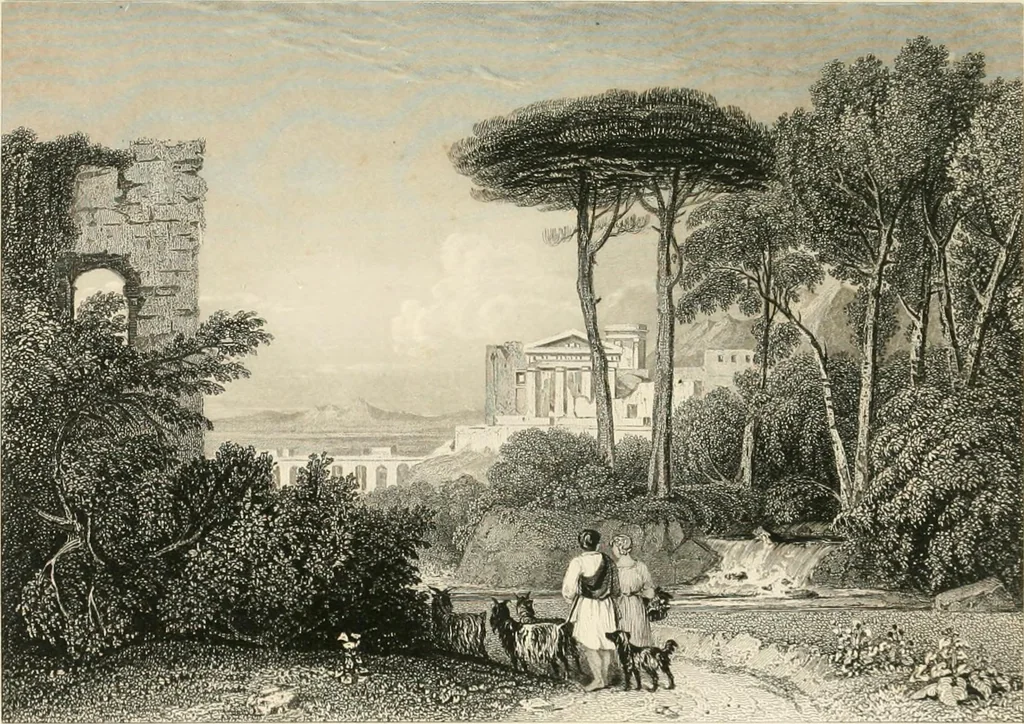 An illustration from The gallery of modern British artists; consisting of a series of engravings from works of the most eminent artists of the day, including Messrs. Turner, Roberts, Harding, Clennel, Dewint, Austin, Messrs. Stanfield, Bonnington, Prout, Cattermole, C. Fielding, Cox, &c. &c, 1834, leaf 205