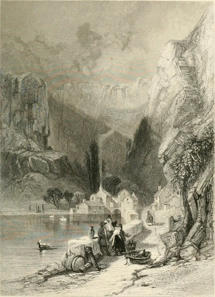 An illustration from The gallery of modern British artists; consisting of a series of engravings from works of the most eminent artists of the day, including Messrs. Turner, Roberts, Harding, Clennel, Dewint, Austin, Messrs. Stanfield, Bonnington, Prout, Cattermole, C. Fielding, Cox, &c. &c, 1834, leaf 95