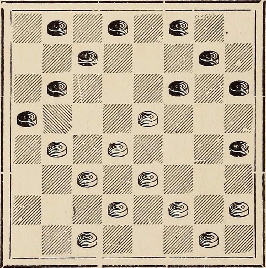 An illustration from The game of draughts, Flora Temple branch of the single corner opening; an analysis and compilation of over two hundred and eighty variations, 1898, leaf 58