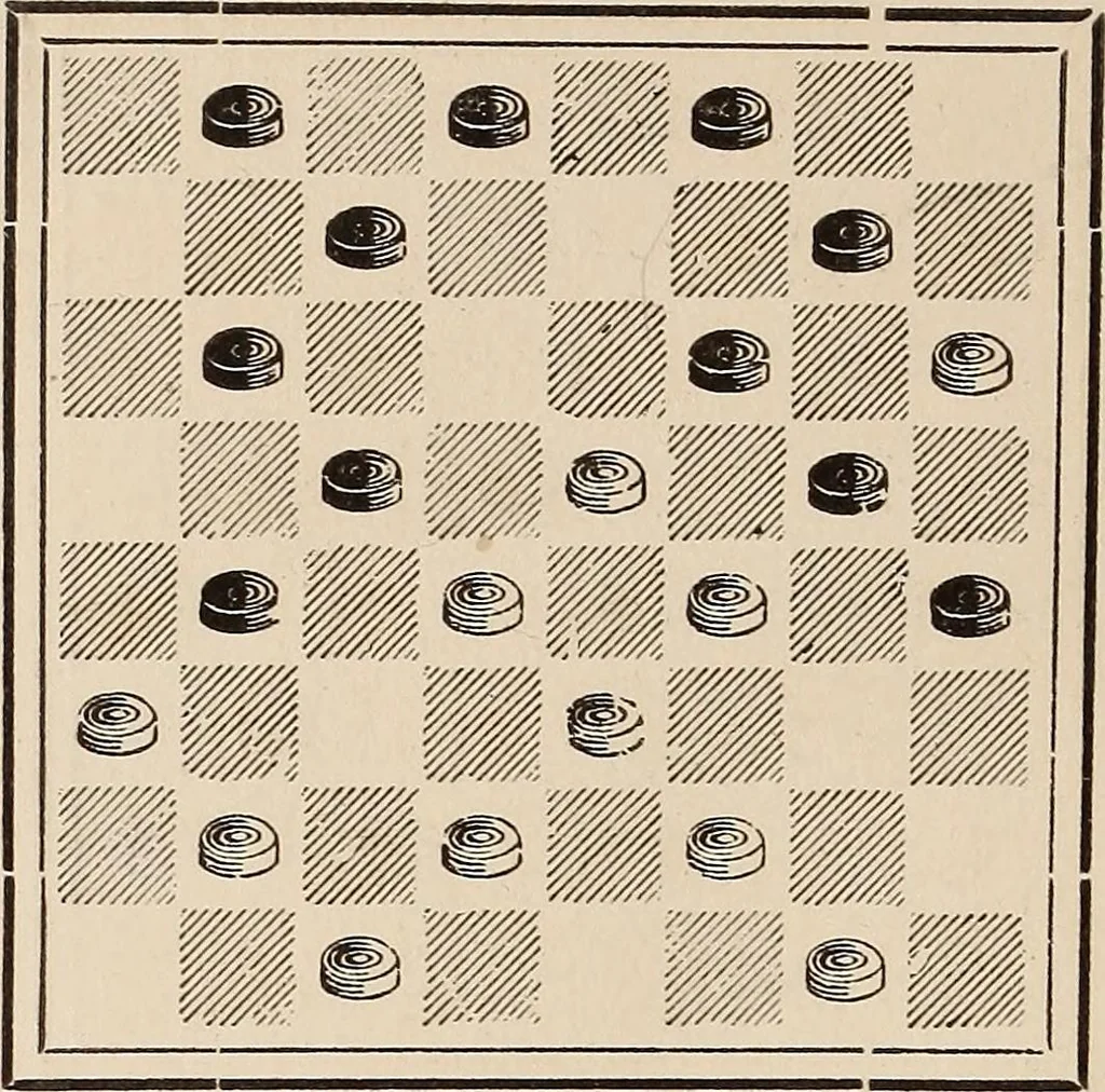 An illustration from The game of draughts, Flora Temple branch of the single corner opening; an analysis and compilation of over two hundred and eighty variations, 1898, leaf 60