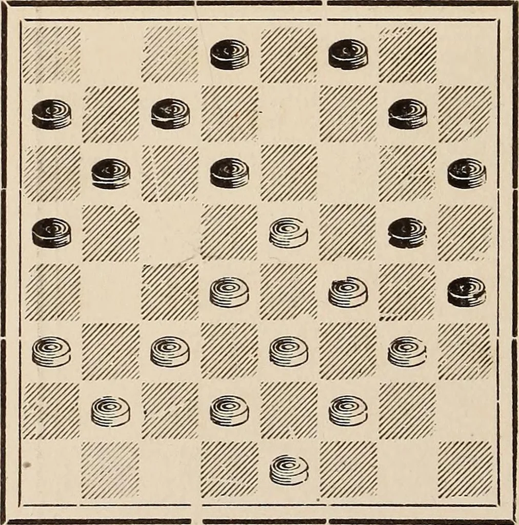 An illustration from The game of draughts, Flora Temple branch of the single corner opening; an analysis and compilation of over two hundred and eighty variations, 1898, leaf 60