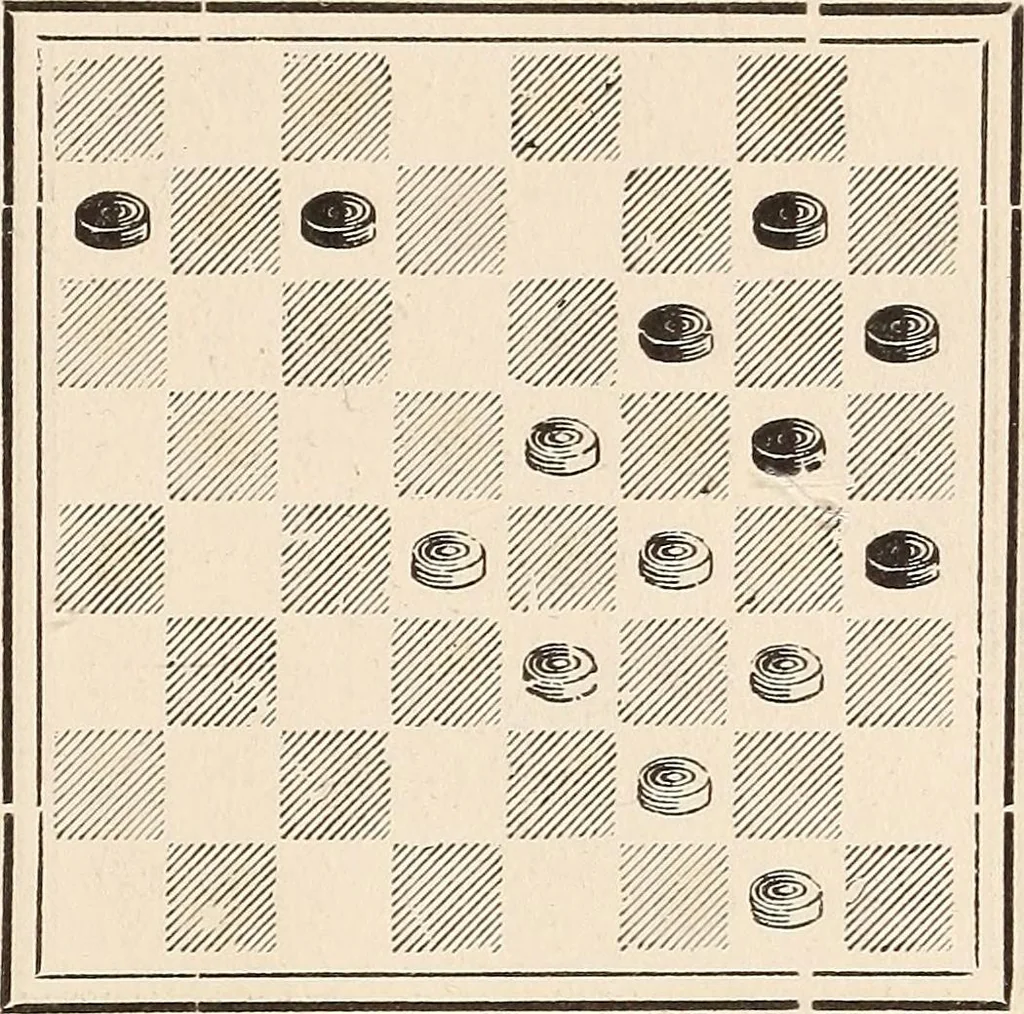 An illustration from The game of draughts, Flora Temple branch of the single corner opening; an analysis and compilation of over two hundred and eighty variations, 1898, leaf 61
