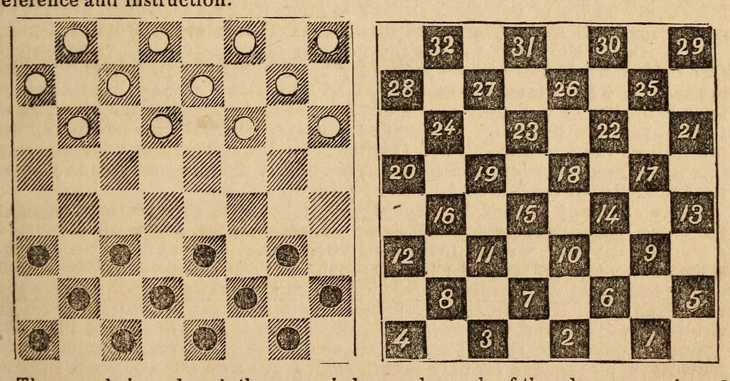 An illustration from The game of draughts or checkers, simplified and explained, with practical diagrams and illustrations. Containing the eighteen standard games, with over two hundred of the best variations .., 1859, leaf 9