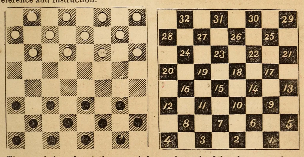 An illustration from The game of draughts or checkers simplified and explained, 1864, leaf 7