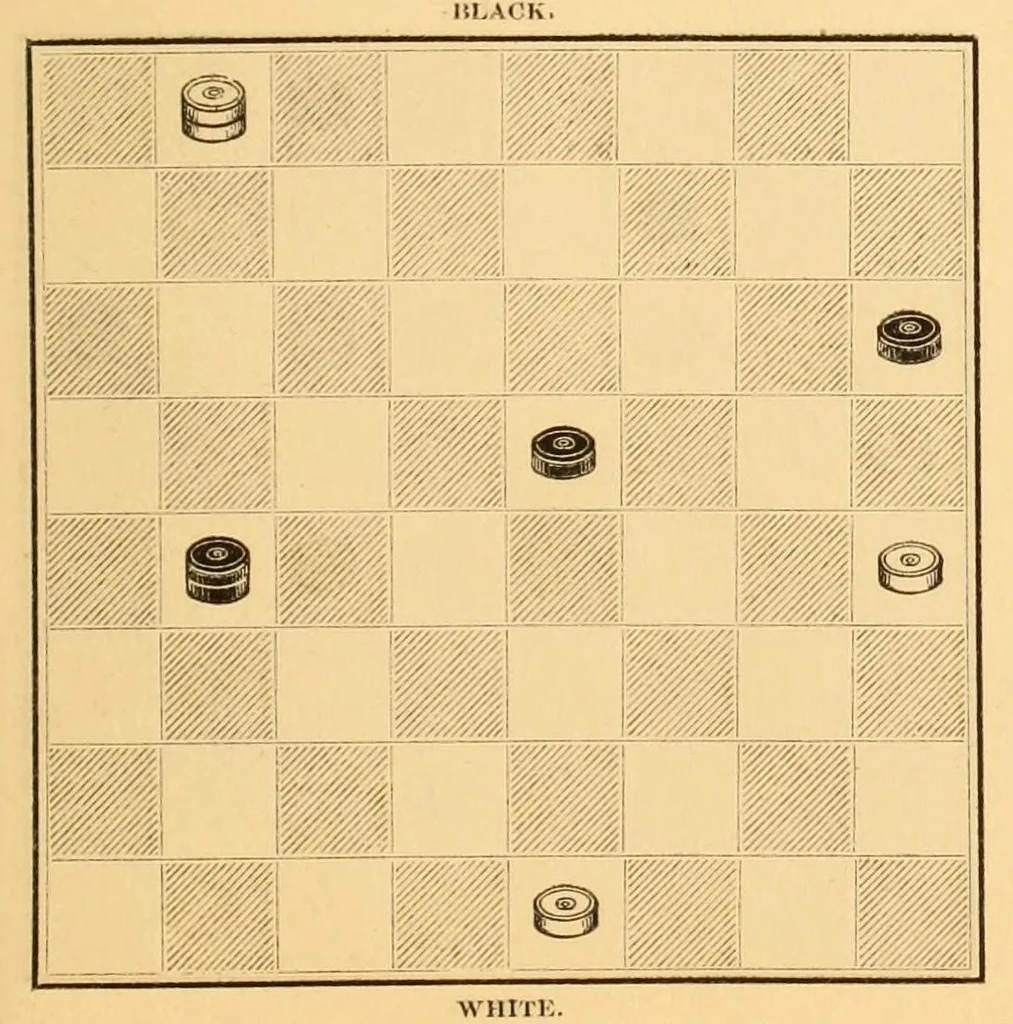 An illustration from The game of draughts. Selected problems, embracing critical positions from games by the best players of Great Britain and America, 1881, leaf 103