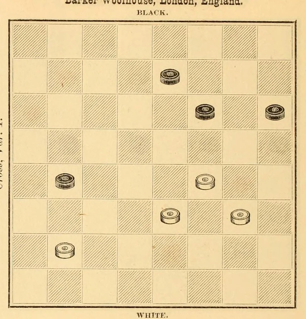 An illustration from The game of draughts. Selected problems, embracing critical positions from games by the best players of Great Britain and America, 1881, leaf 162