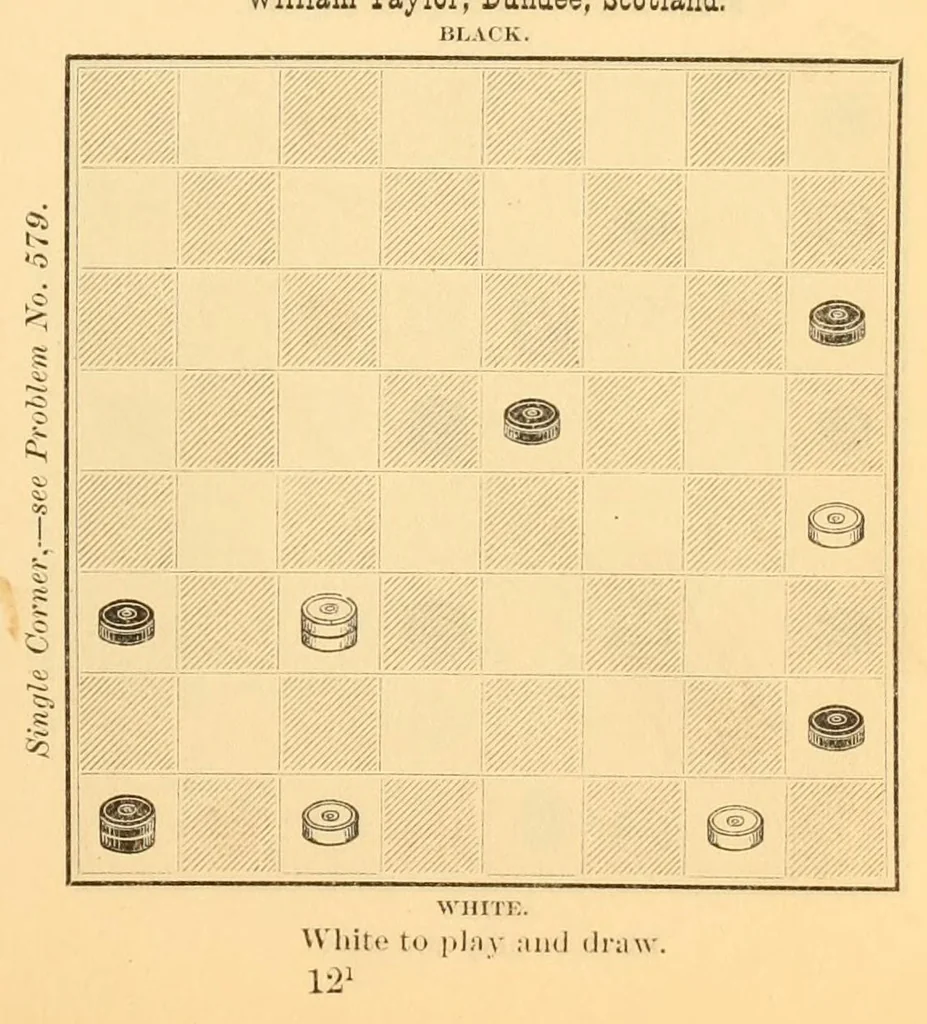 An illustration from The game of draughts. Selected problems, embracing critical positions from games by the best players of Great Britain and America, 1881, leaf 185