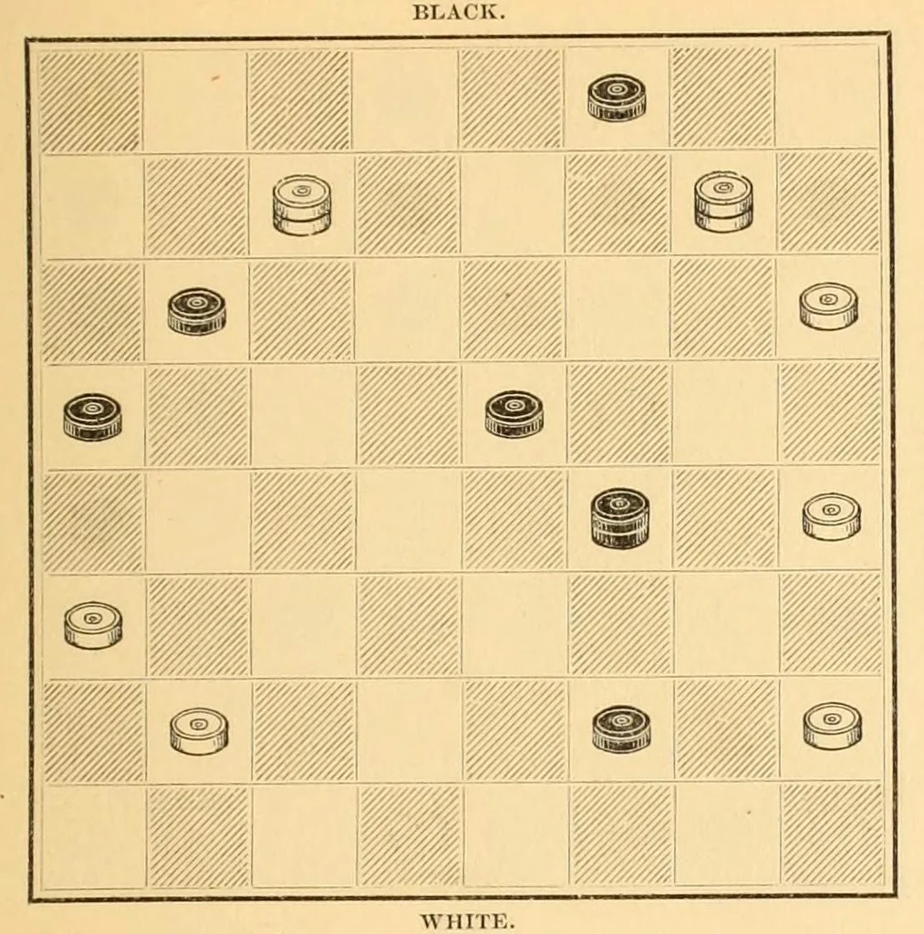 An illustration from The game of draughts. Selected problems, embracing critical positions from games by the best players of Great Britain and America, 1881, leaf 257