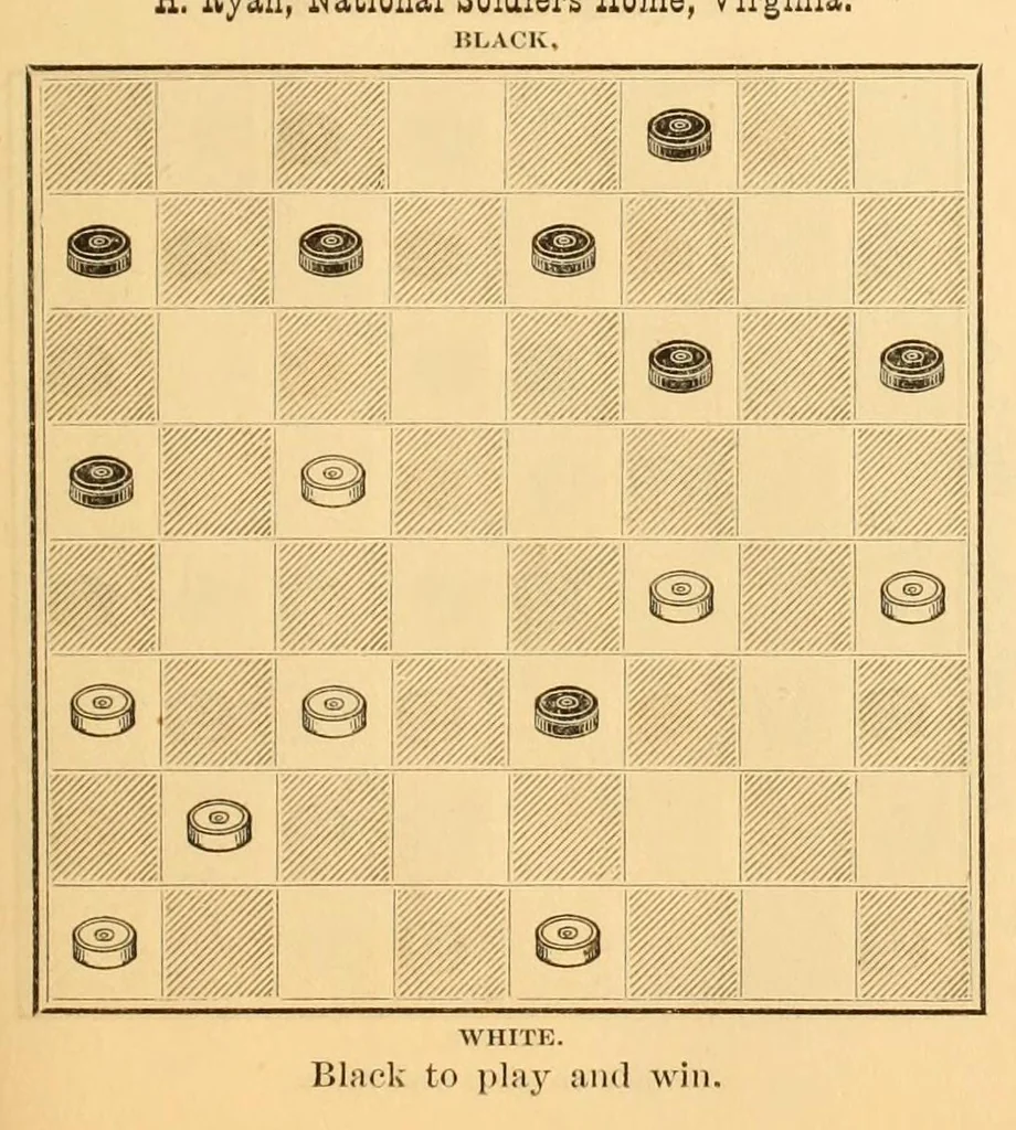 An illustration from The game of draughts. Selected problems, embracing critical positions from games by the best players of Great Britain and America, 1881, leaf 287