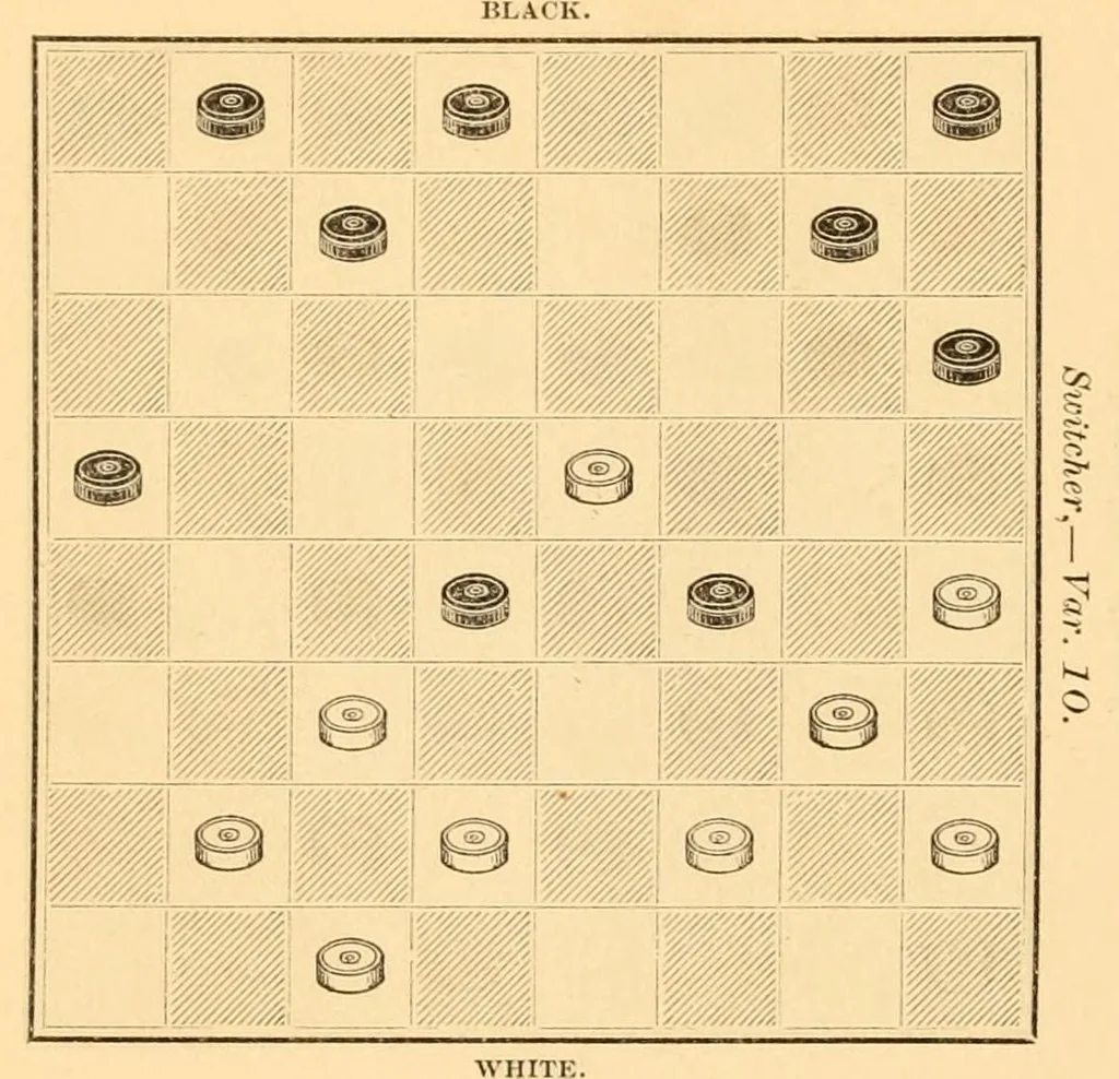 An illustration from The game of draughts. Selected problems, embracing critical positions from games by the best players of Great Britain and America, 1881, leaf 312